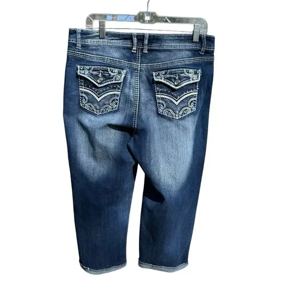Cato Capri Blue Jean Cuffed Cropped Embellished Stretch Flap Pockets - Size 12 - Picture 5 of 13